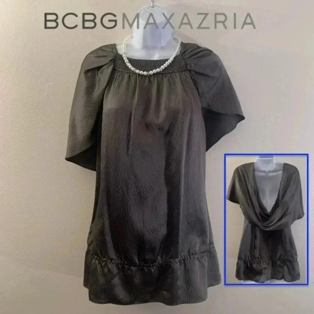 BCBGMAXAZRIA Y2K 100% Silk Draped Silk Blouse Size XS Gray Cape Sleeve Ruched